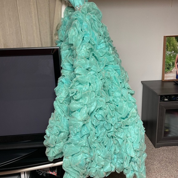 Champagne/Aqua Ruffled Strapless Quinceañera Dress by House of Wu (26800) Size 4 - Picture 12 of 17